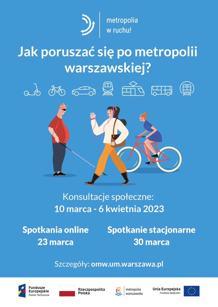 SUMP - konsultacje. Plakat zachęcający do udziału w konsultacjach. Na grafice piesza, rowerzystka oraz mężczyzna z białą laską.