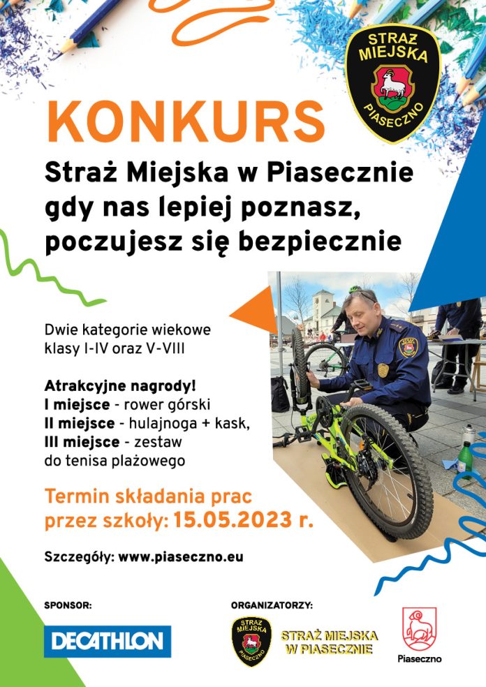 plakat z wizerunkiem straznika miejskiego znakujacego rower podczas gminnego wydarzenia