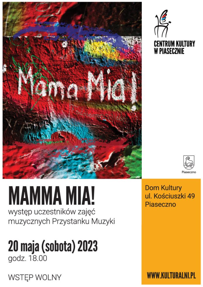 Plakat MAMMA MIA! występ uczestników zajęć muzycznych Przystanku Muzyki
