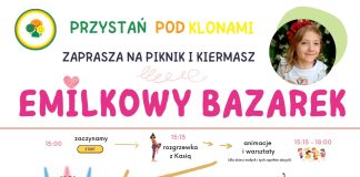 Plakat Piknik i kiermasz Emilkowy Bazarek w Przystani Pod Klonami