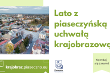 Szkolenia z uchwały krajobrazowej Lato z uchwałą. Plakat reklamujący spotkania, zdjęcie miasta z lotu ptaka.