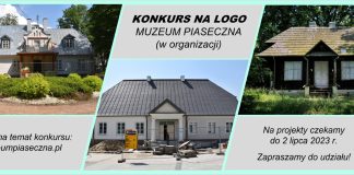 konkurs logo Muzeum Piaseczna, na grafice trzy budynki.