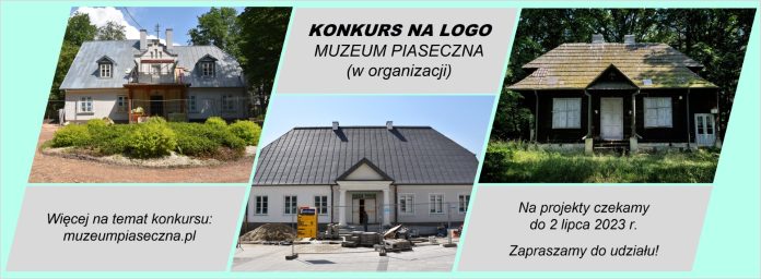 konkurs logo Muzeum Piaseczna, na grafice trzy budynki.