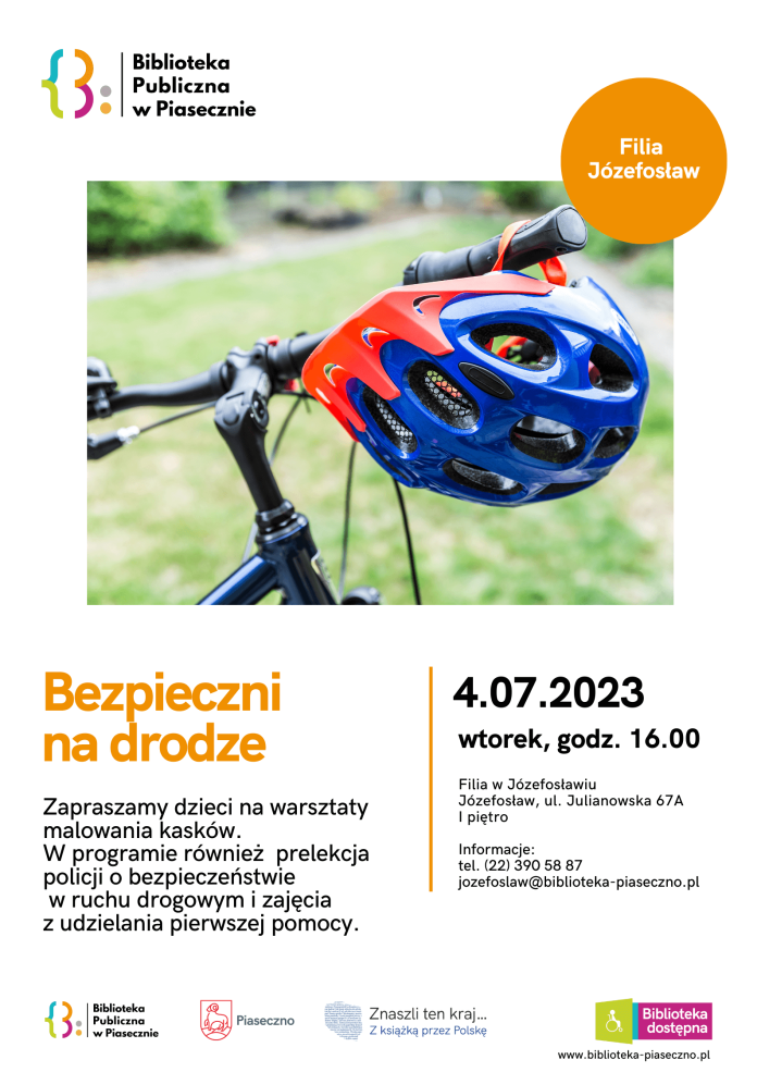 Plakat warsztaty Bezpieczni na drodze w filii Biblioteki Publicznej w Józefosławiu