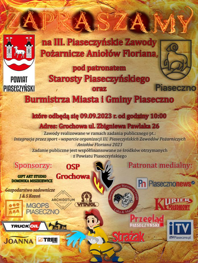 Plakat III Piaseczyńskie Zawody Pożarnicze Aniołów Floriana