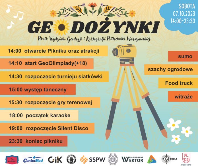 Plakat Geodożynki Piknik Wydziału Geodezji i Kartografii Politechniki Warszawskiej 2023
