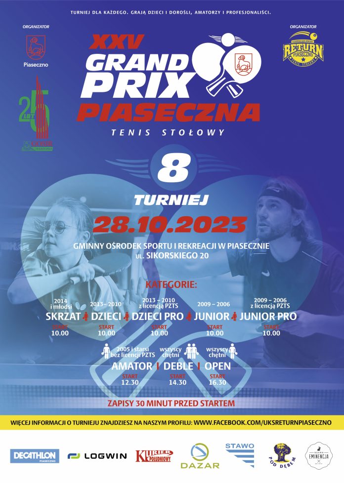 Grand Prix Piaseczna w tenisie stołowym - sobota, 28.10.2023 r.