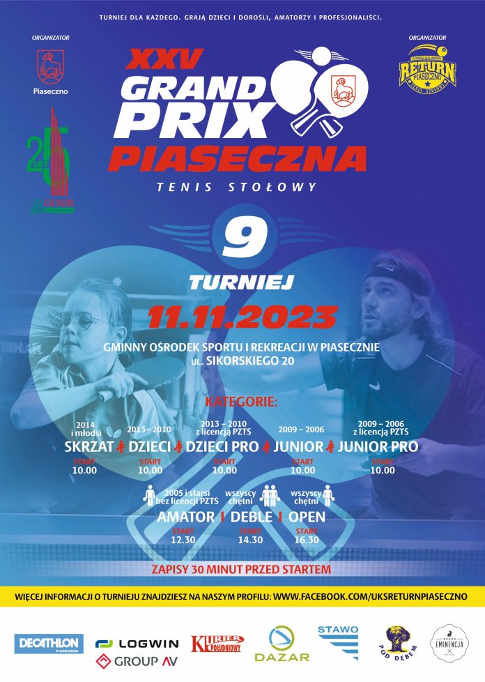 Grand Prix Piaseczna w tenisie stołowym - sobota, 11.11.2023 r.