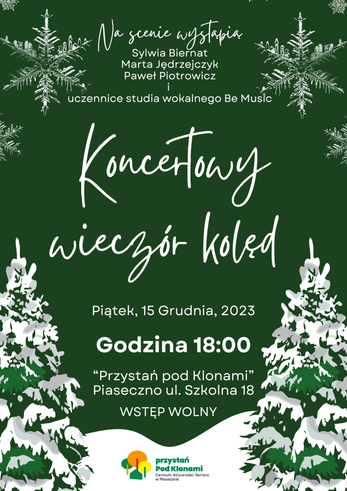 Plakat Koncertowy wieczór kolęd w Przystani pod Klonami w Piasecznie