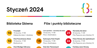 Plakat Styczeń 2024 w Bibliotece Publicznej w Piasecznie