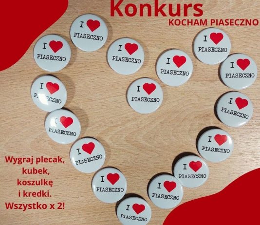 walentynkowy konkurs baner, serce ułożone z przypinek I love Piaseczno