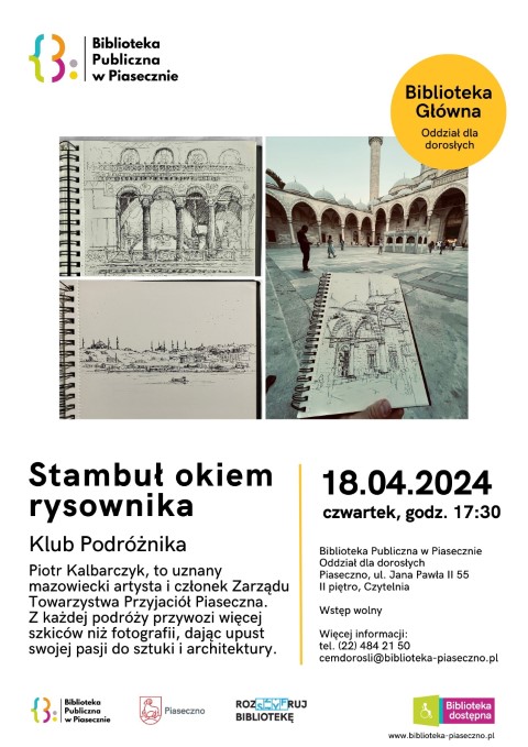 Plakat promujący Klub podróżnika 18 kwietnia w Bibliotece Publicznej w Piasecznie. Tematem spotkania będzie Stambuł.