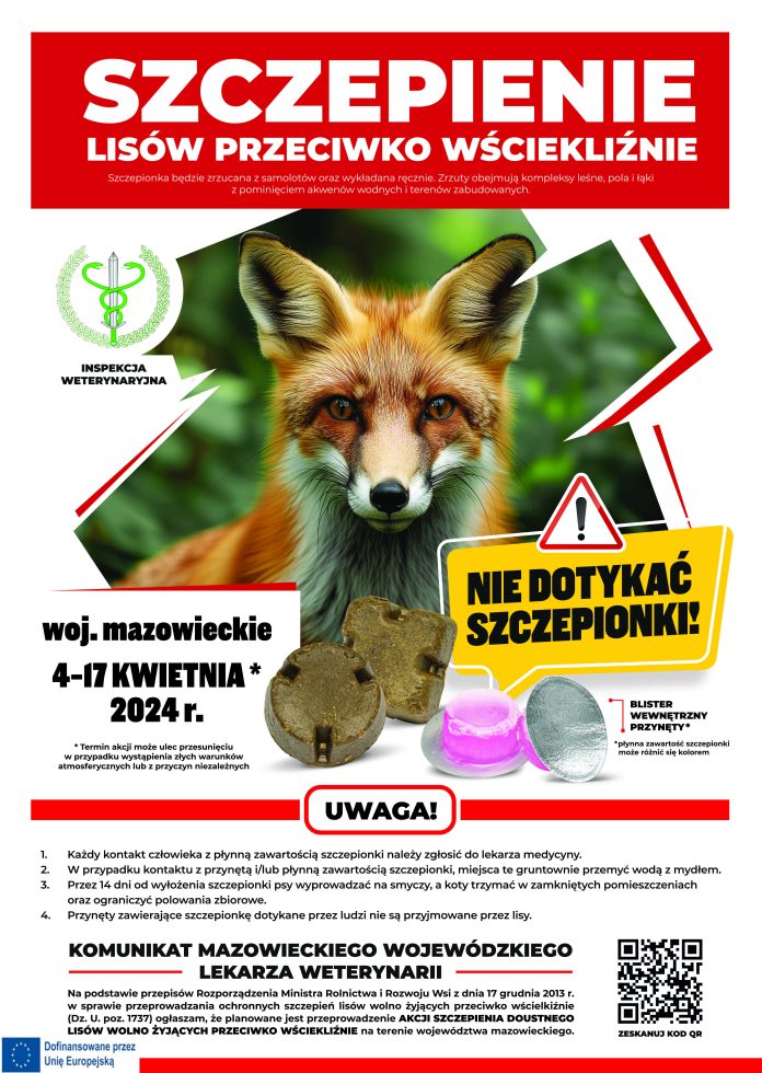 Plakat informujący o szczepieniu lisów na mazowszu