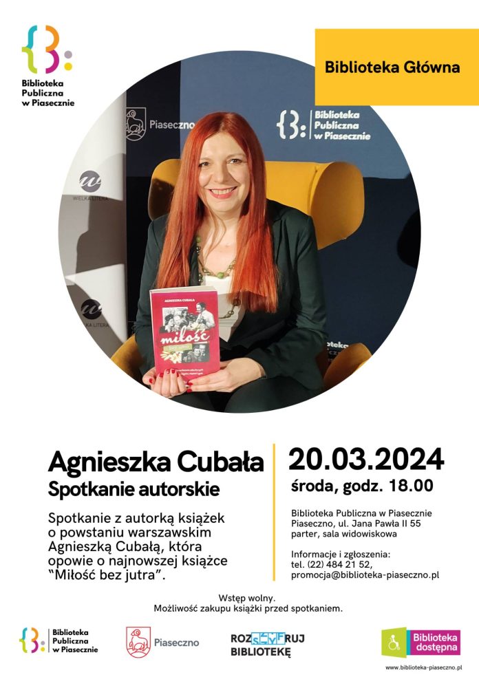 Plakat spotkania autorskiego z Agnieszką Cubałą w Piasecznie