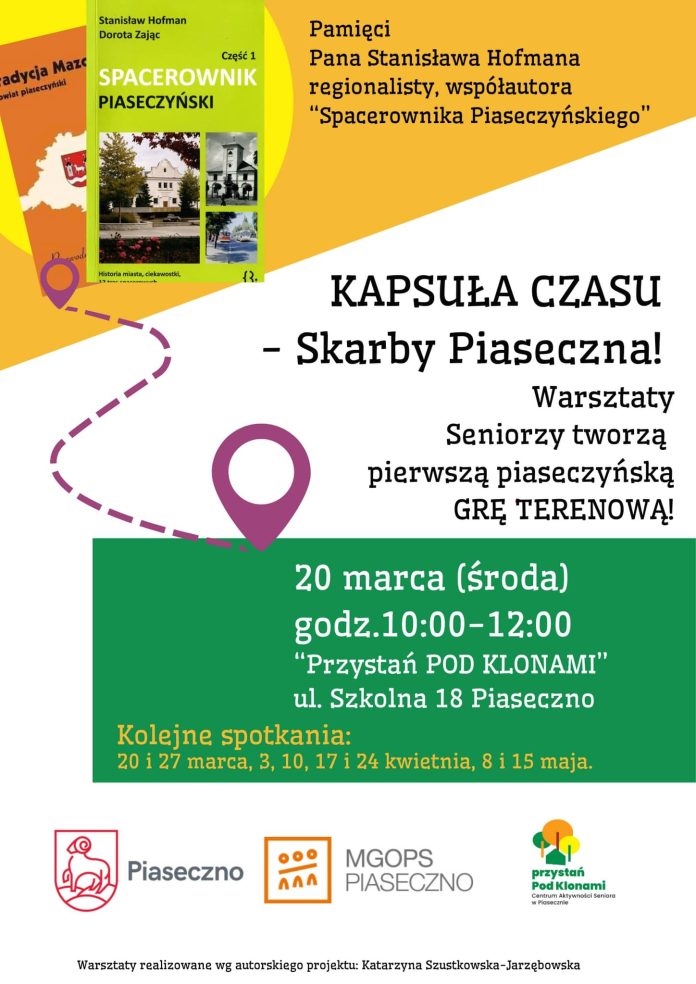 Plakat wydarzenia "Kapsuła czasu - skarby Piaseczna" - międzypokoleniowa integracja w Przystani pod Klonami