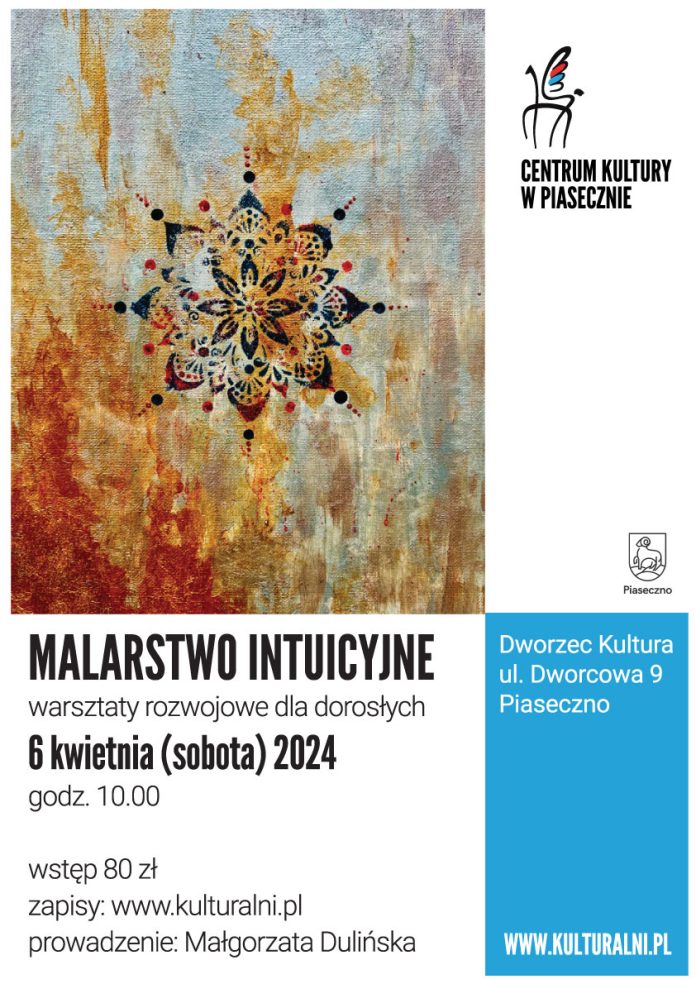 Plakat warsztatów rozwojowych z malarstwa intuicyjnego w Piasecznie