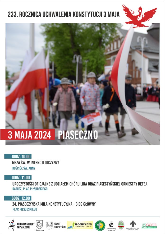 Plakat wydarzenia 233. Rocznica Uchwalenia Konstytucji 3 Maja - Piaseczno 2024