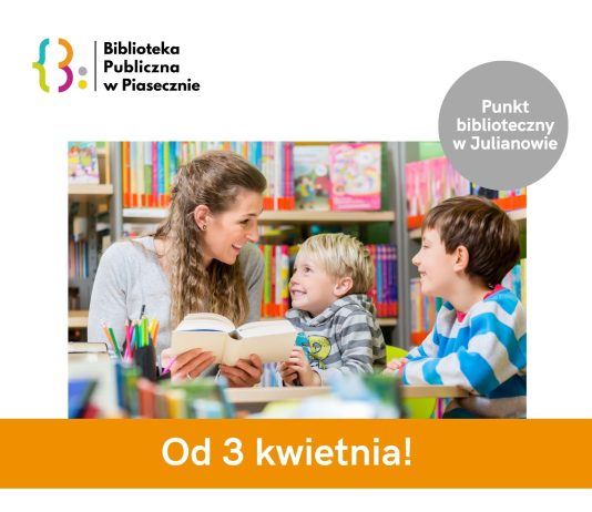 Plakat promujący nowy punkt biblioteczny w Julianowie.