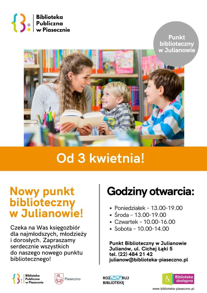 Plakat promujący nowy punkt biblioteczny w Julianowie.
