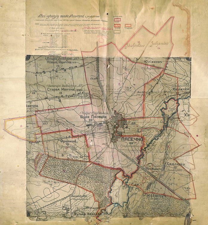 Granice administracyjne Piaseczna w latach 1927–1928 - opracowane na bazie mapy wojskowej