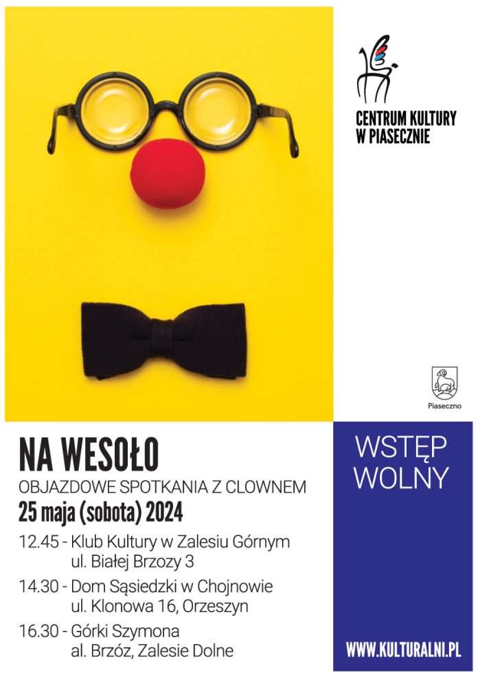 Plakat wydarzenia objazdowe spotkania z clownem na terenie gminy Piaseczno