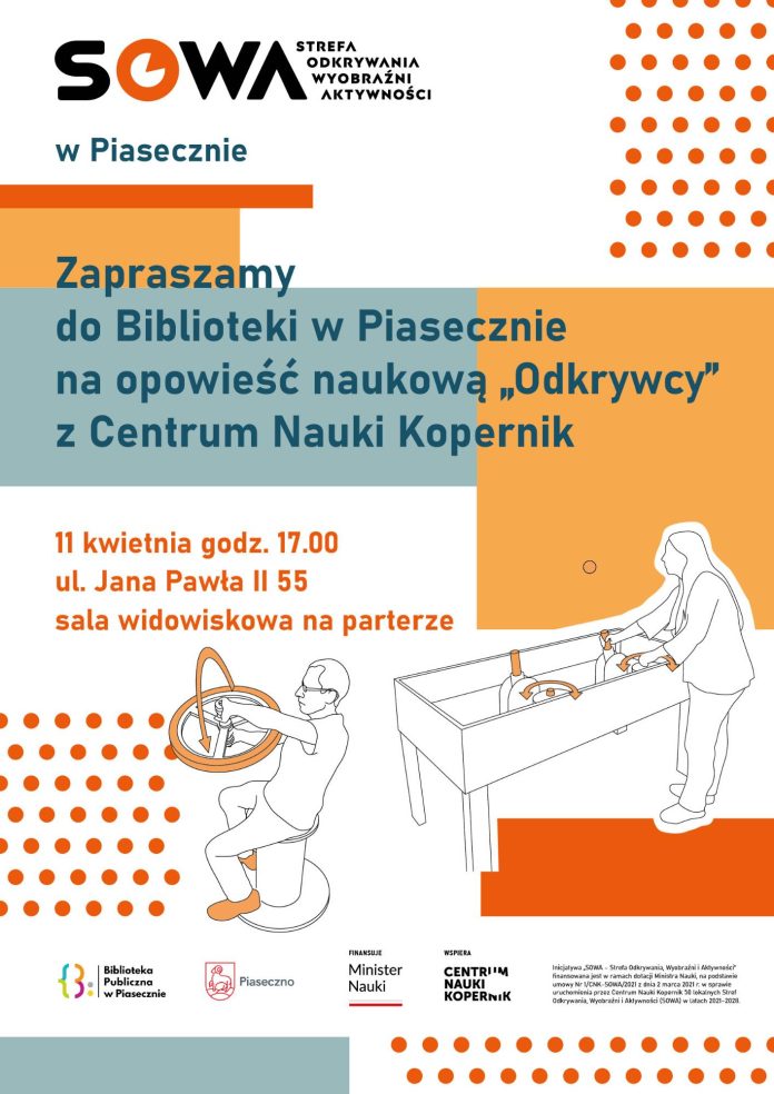 Plakat spektaklu naukowego w Piasecznie pod tytułem "Odkrywcy"