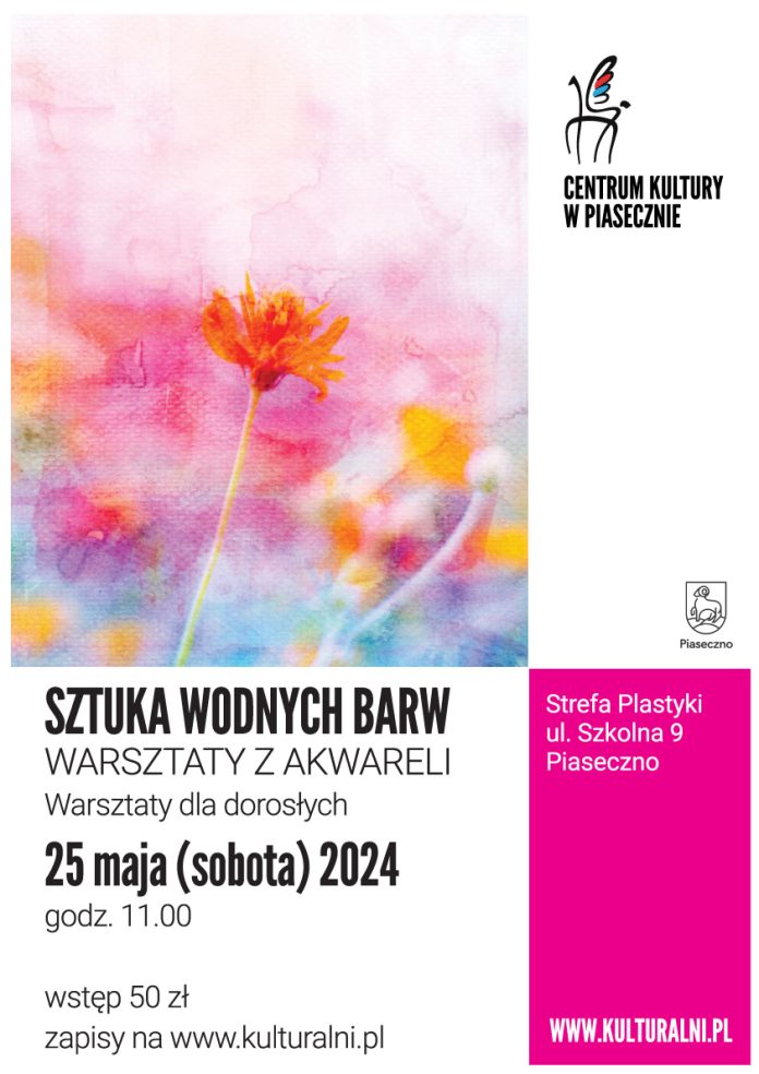 Plakat warsztatów z akwareli pod tytułem Sztuka wodnych barw