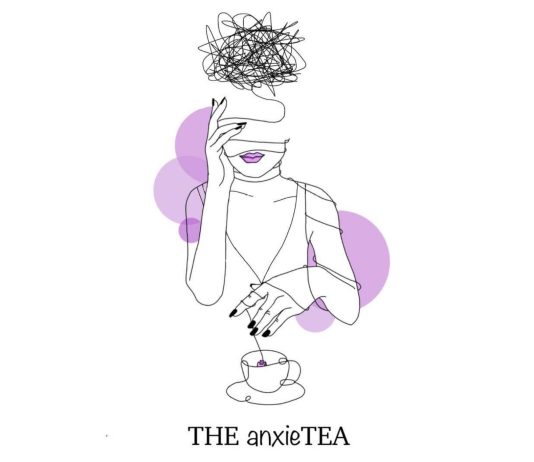the anxieTEA. Grafika z kobietą i filiżanką herbaty