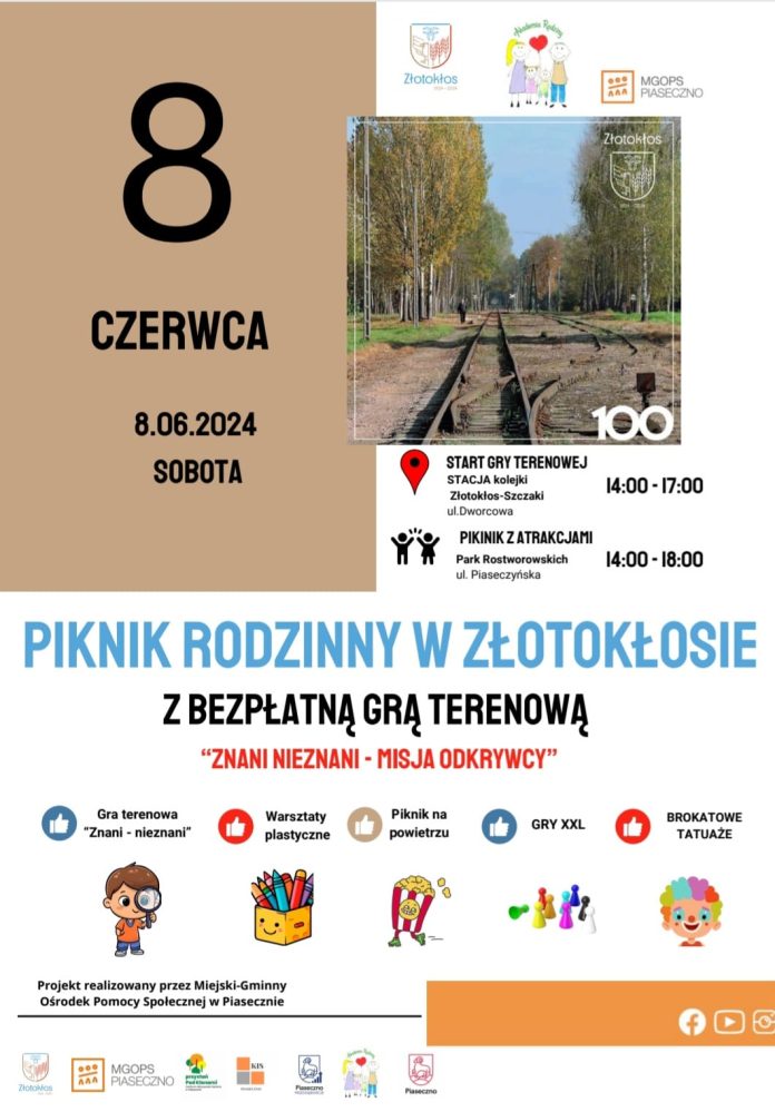 Plakat wydarzenia Piknik rodzinny w Złotokłosie z bezpłatną grą terenową