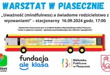 Plakat promujący warsztaty. Na banerze znajduje się logo Biblioteki Publicznej w Piasecznie oraz logo Fundacji "Ale klasa". W tle obecny jest rysunkowy autobus.