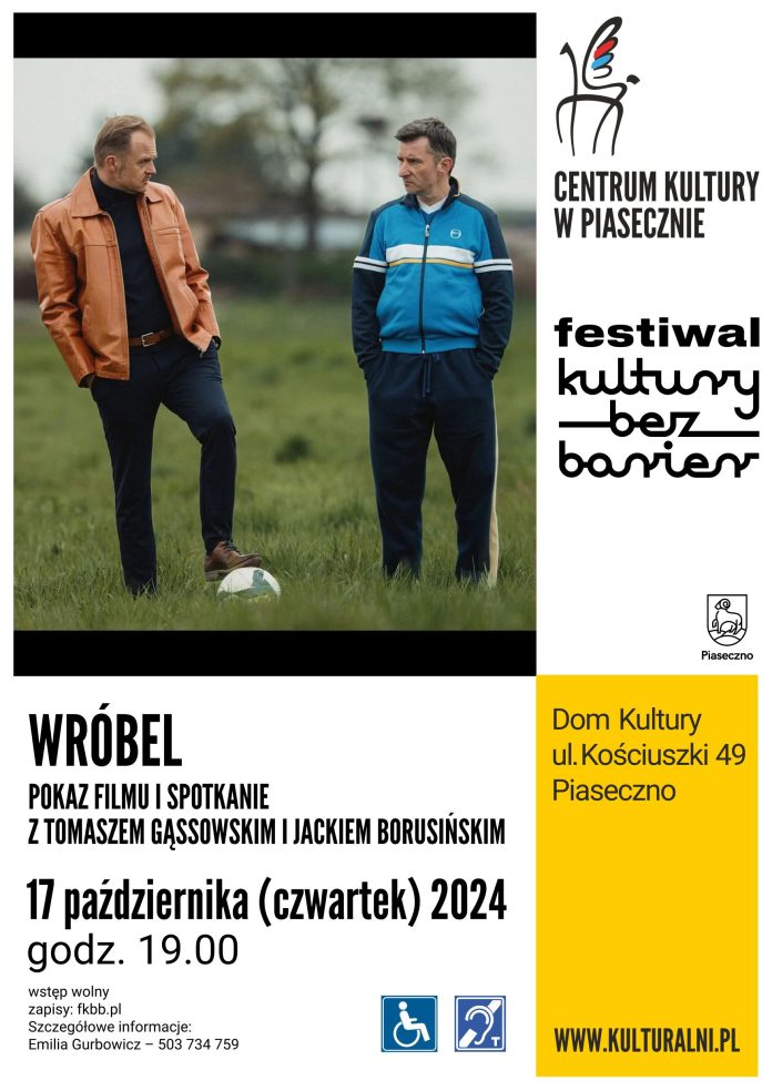 Plakat promujący wydarzenie Wróbel - pokaz filmu i spotkanie z Tomaszem Gąssowskim i Jackiem Borusińskim