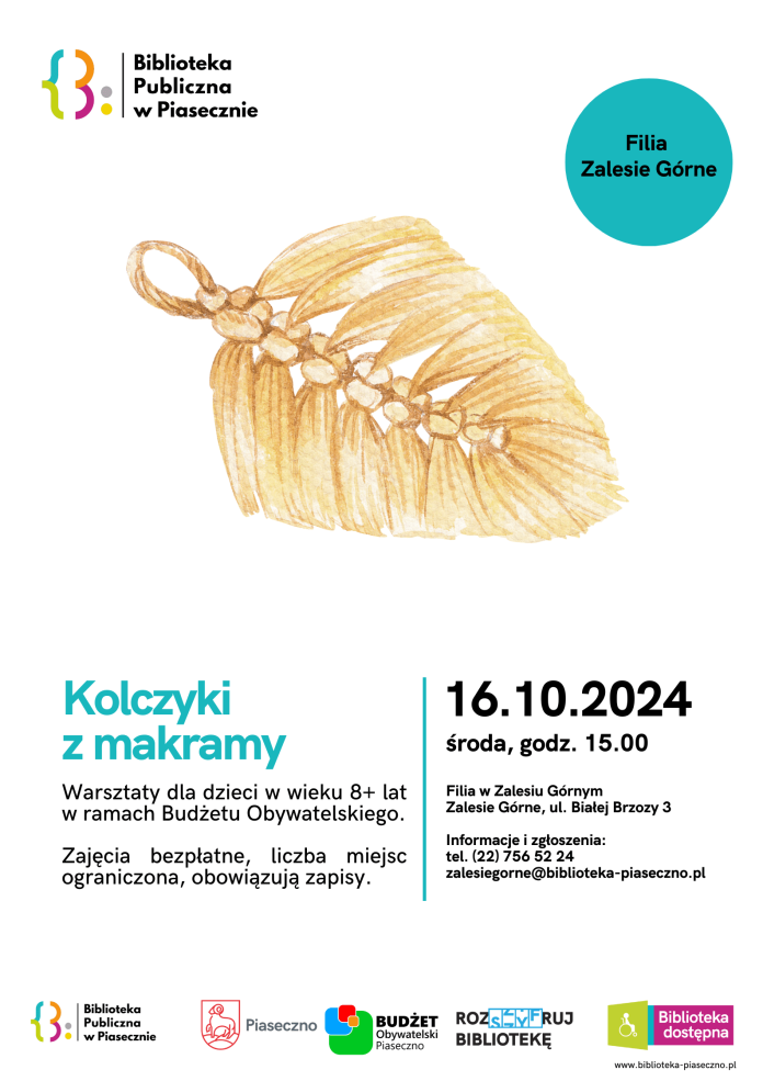 Plakat promujący warsztaty Kolczyki z makramy - warsztaty dla dzieci