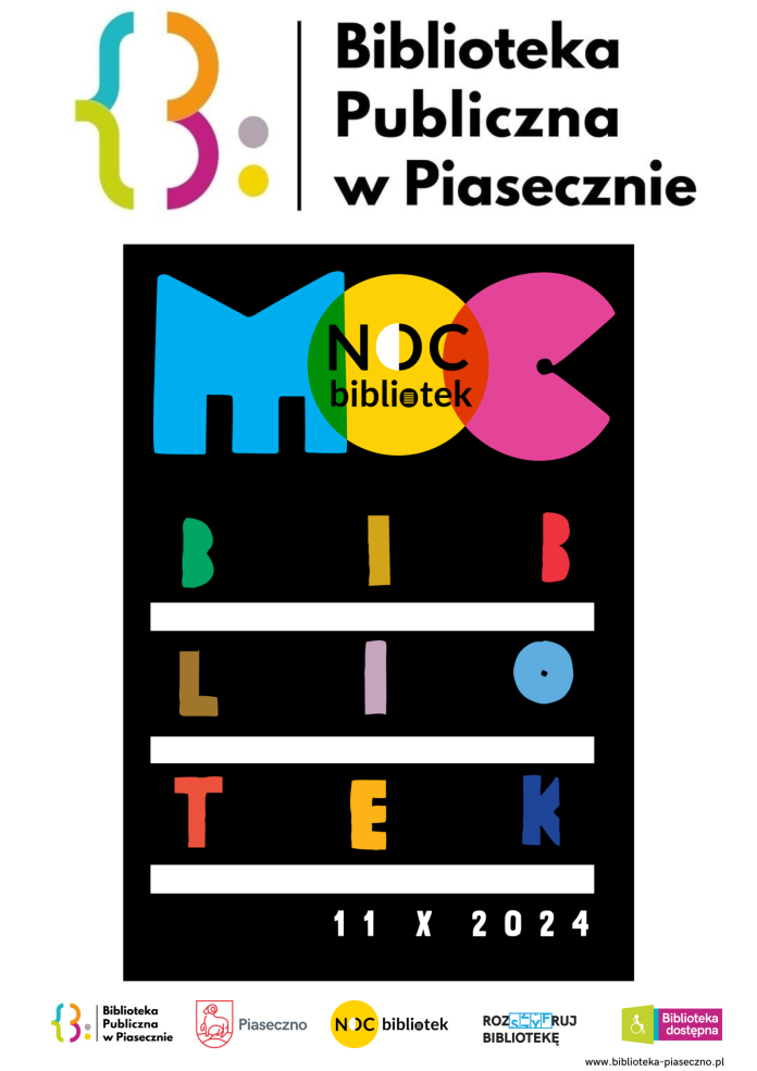 Plakat Moc Bibliotek w Piasecznie - Ogólnopolska Noc Bibliotek 2024