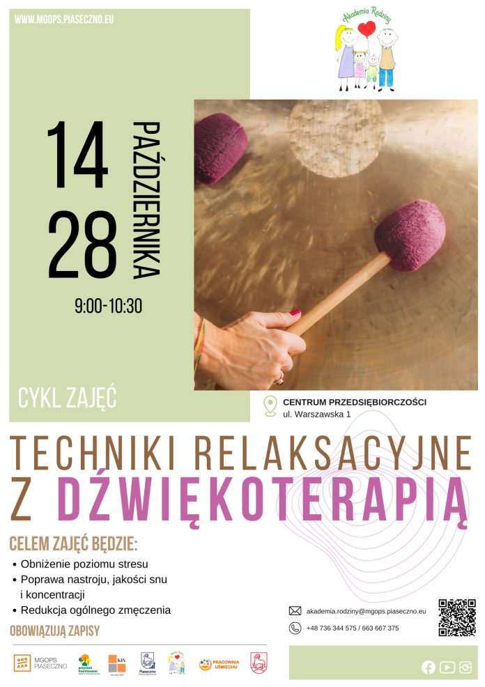 Plakat Techniki relaksacyjne z dźwiękoterapią w procesie redukcji stresu - zajęcia w Piasecznie