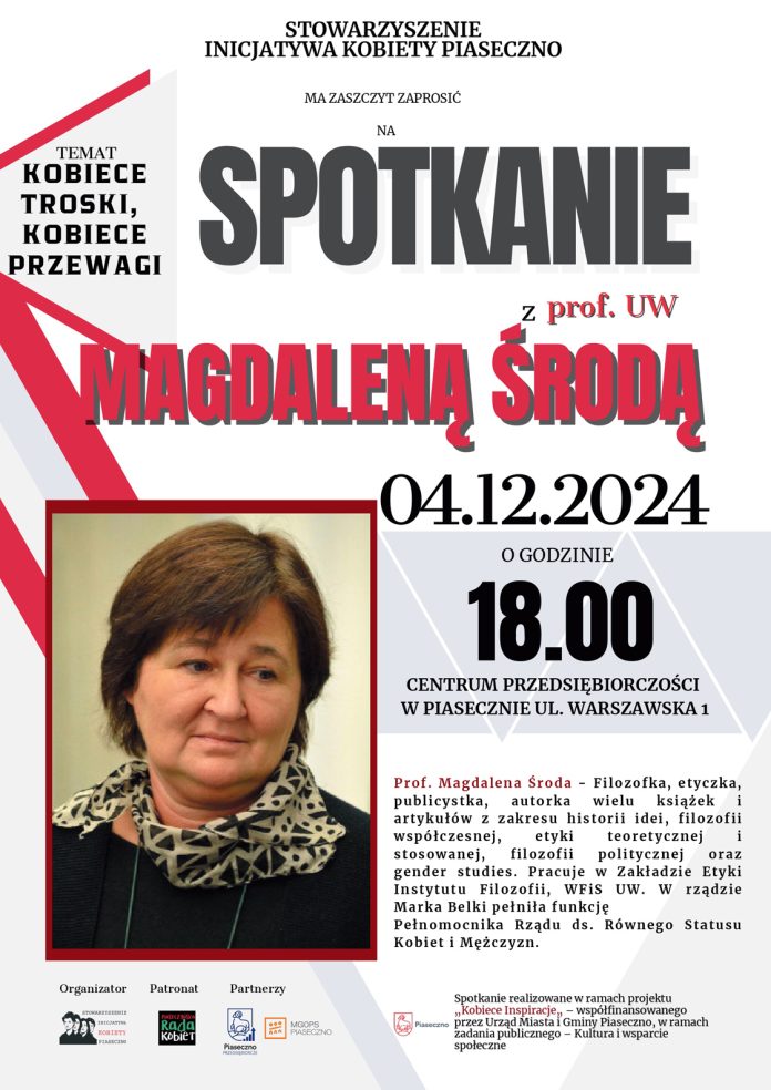 plakat Kobiece troski, kobiece przewagi - spotkanie z prof. Magdaleną Środą w Piasecznie