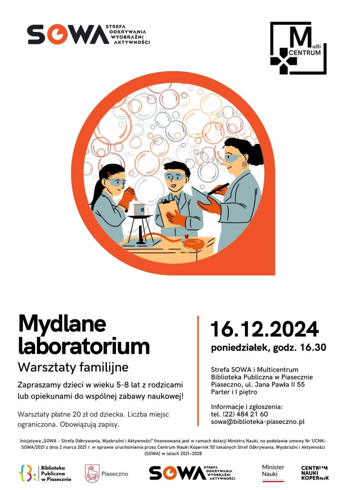 plakat Mydlane laboratorium - warsztaty familijne w Piasecznie