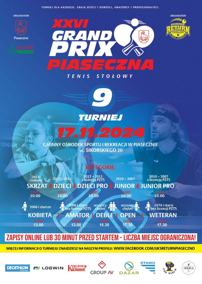 Plakat XXVI edycji Grand Prix Piaseczna w tenisie stołowym 2024