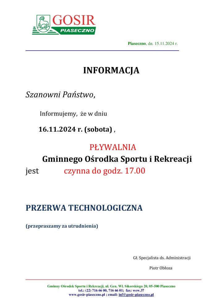 Przerwa techniczna na obiektach sportowych GOSiR przy ul. Sikorskiego - 15.11.2024 od godziny 17:00