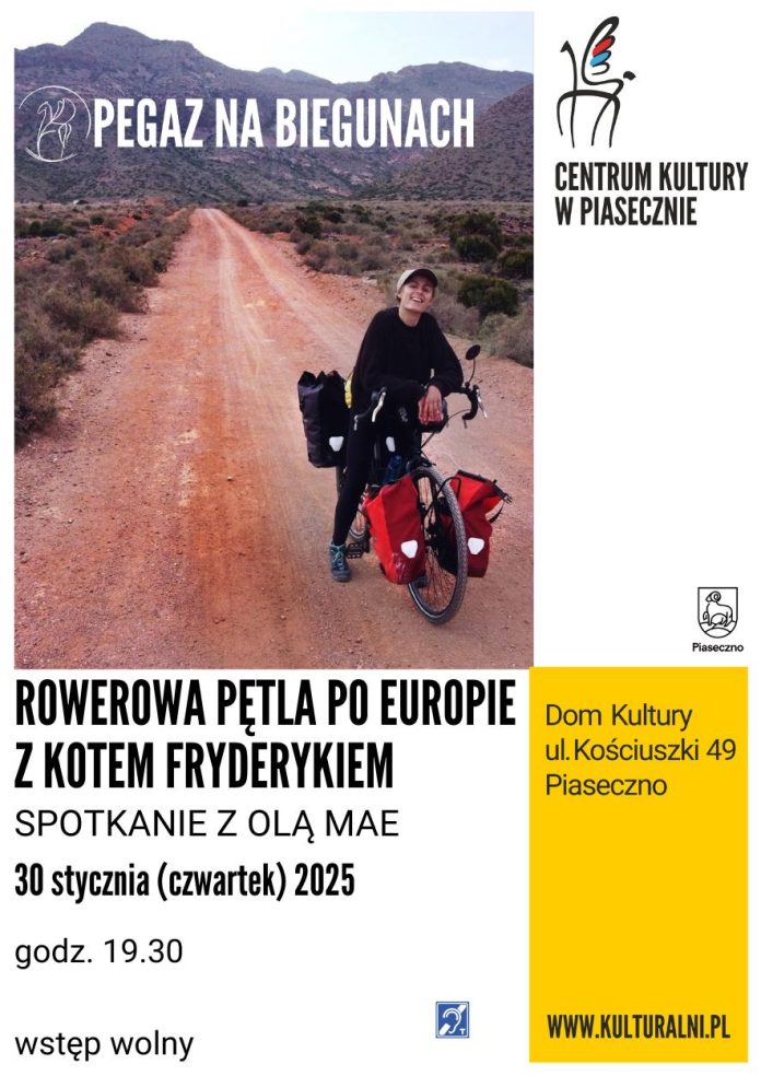 plakat Ola Mae Rowerowa pętla po Europie z kotem Fryderykiem