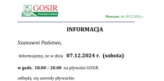 Zamknięcie basenu w dniu 07.12.2024 (w godz. 18:00 - 20:00) - Zawody Fundacji SOS dla Sportu