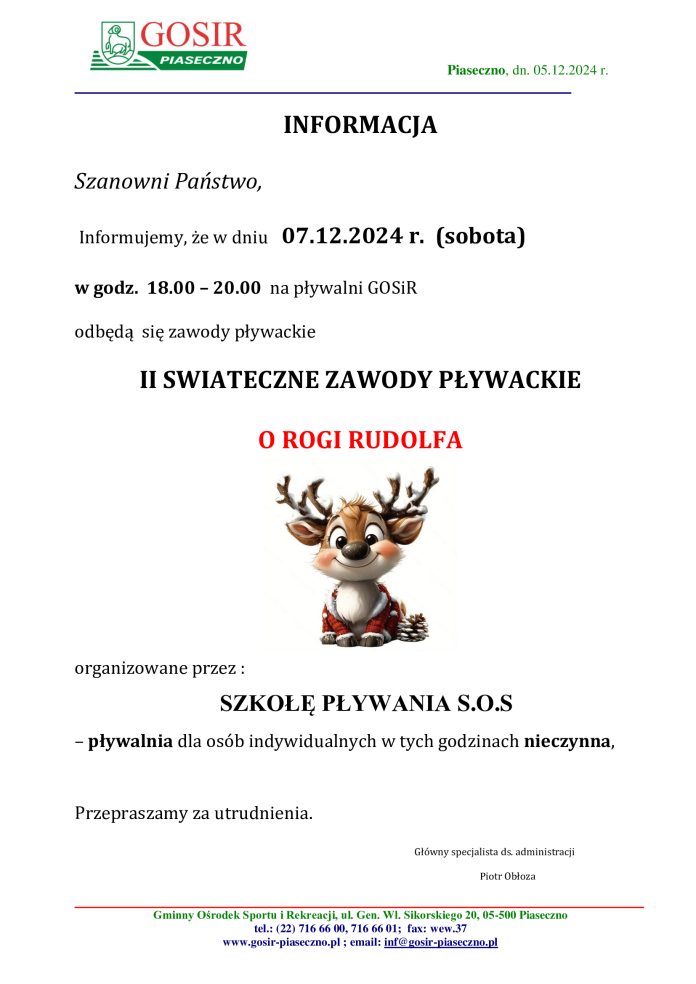 Zamknięcie basenu w dniu 07.12.2024 (w godz. 18:00 - 20:00) - Zawody Fundacji SOS dla Sportu