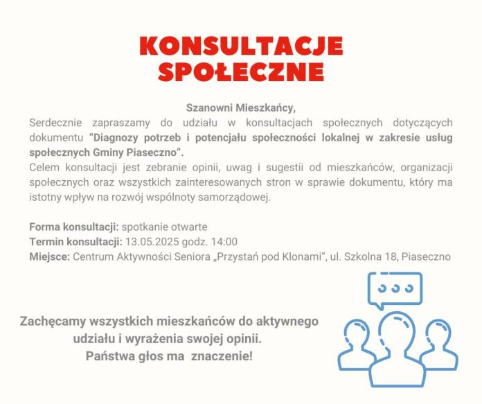 Konsultacje na temat dokumentu Diagnoza potrzeb i potencjału społeczności lokalnej w zakresie usług społecznych gminy Piaseczno Konsultacje na temat dokumentu Diagnoza potrzeb i potencjału społeczności lokalnej w zakresie usług społecznych gminy Piaseczno