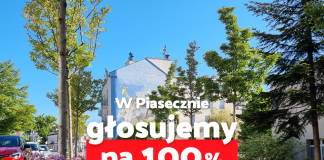 Piaseczno głosuje na 100% grafika ze zdjęciem miasta w tle