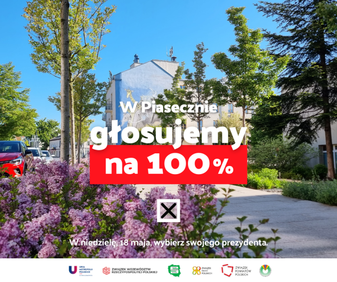 Piaseczno głosuje na 100% grafika ze zdjęciem miasta w tle