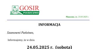 Pływalnia nieczynna w dniu 24.05.2025 w godzinach 8:30 - 14:00 (Grand Prix Piaseczna w Pływaniu)