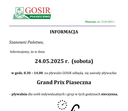 Pływalnia nieczynna w dniu 24.05.2025 w godzinach 8:30 - 14:00 (Grand Prix Piaseczna w Pływaniu)