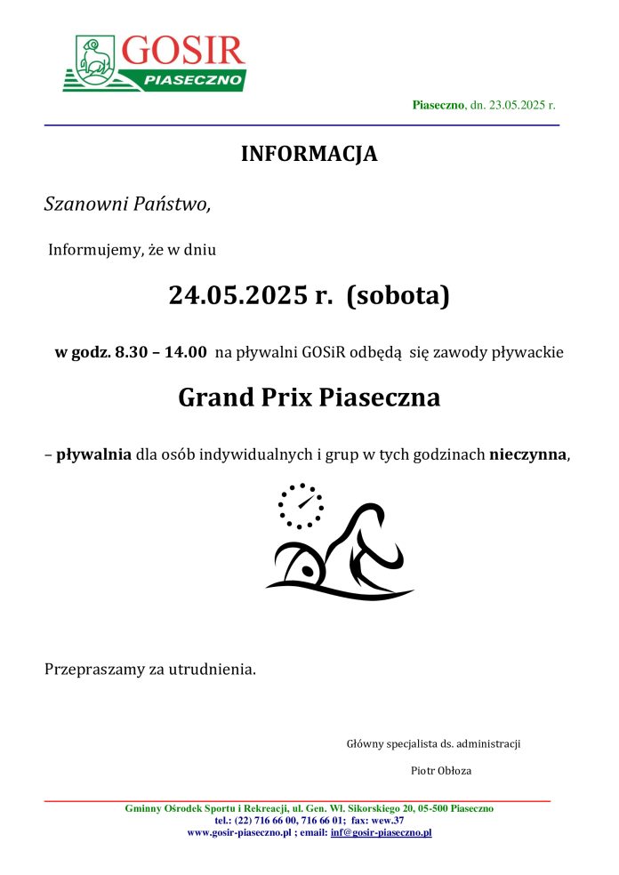 Pływalnia nieczynna w dniu 24.05.2025 w godzinach 8:30 - 14:00 (Grand Prix Piaseczna w Pływaniu)