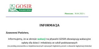 Wakacyjne opłaty dla dzieci i młodzieży ze szkół podstawowych za korzystanie z pływalni