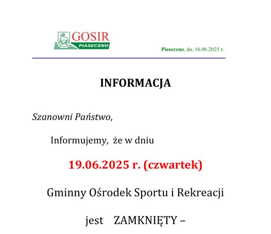 GOSiR nieczynny w dniu 19.06.2025 - Boże Ciało