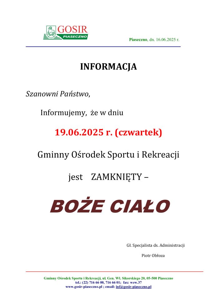 GOSiR nieczynny w dniu 19.06.2025 - Boże Ciało